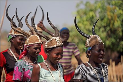 Tamberma (Batammariba) women wearing their traditional antelope headdress, Togo
